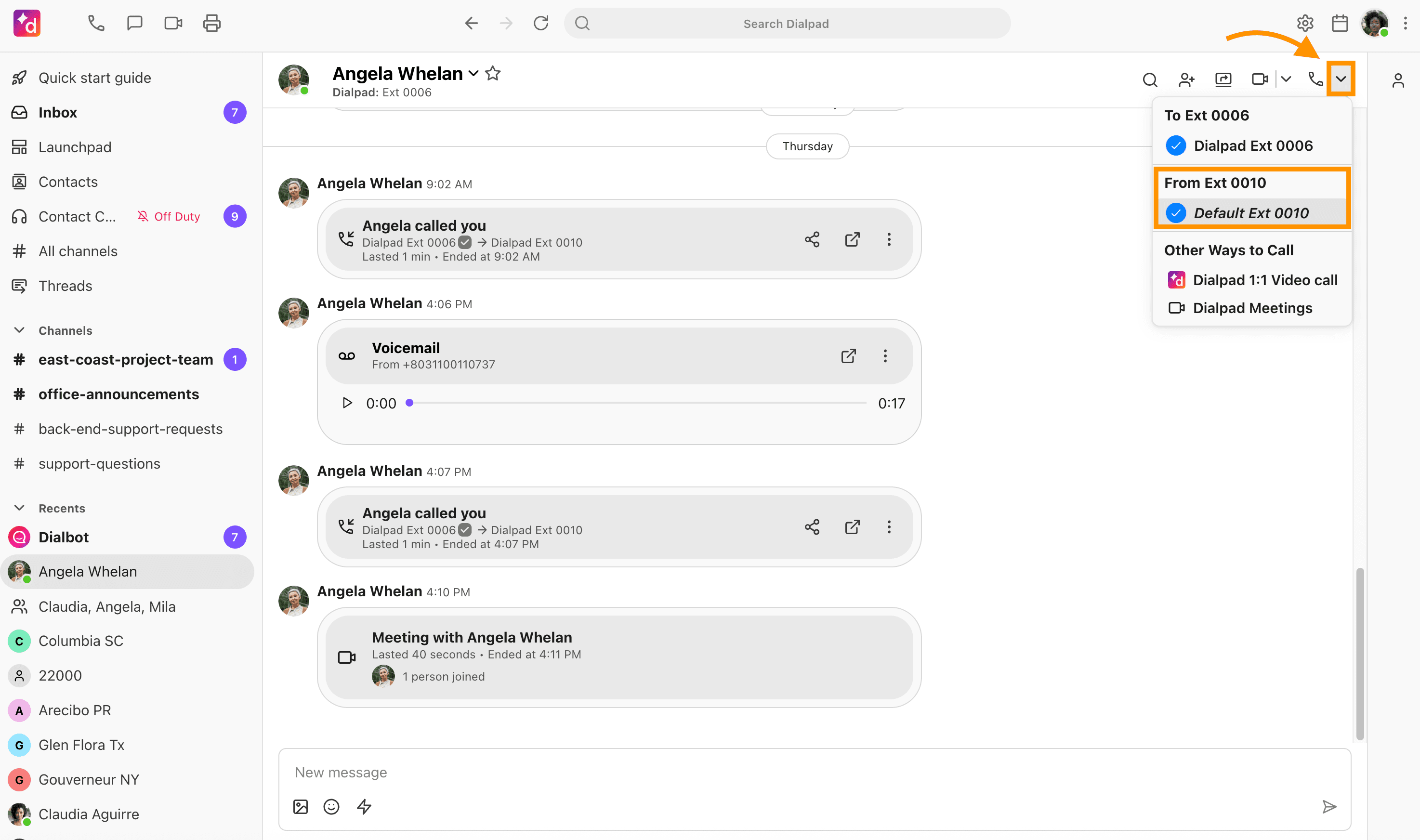 Adjust caller ID from a conversation thread in Dialpad